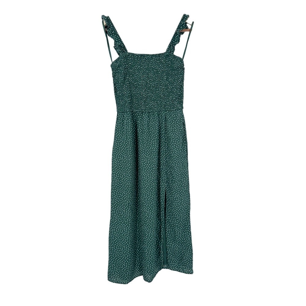 Green Polka Dot Midi Dress with Ruffle Straps